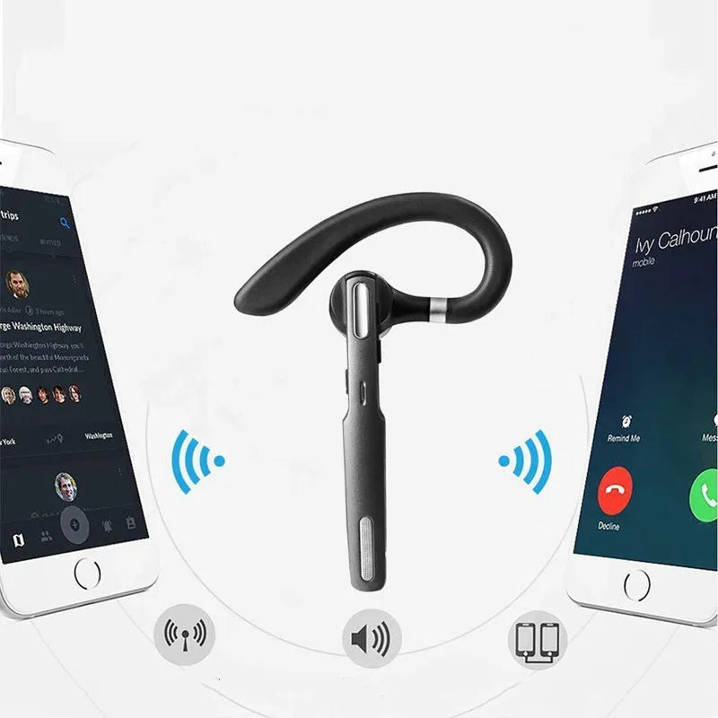 Black mono ear Bluetooth headset with hanging ear loop design, showing IPX6 waterproof and active noise cancellation features.
