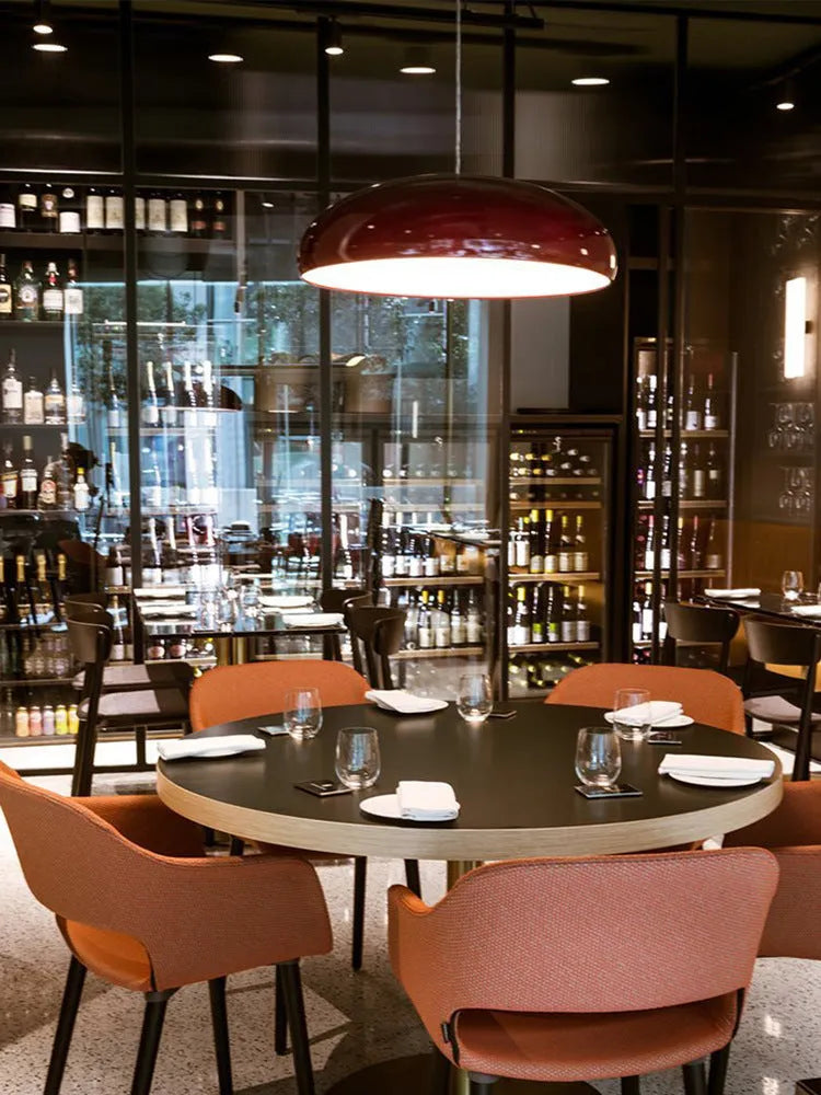Danish iron restaurant pendant ceiling lamp with adjustable cord in orange, red, or white.