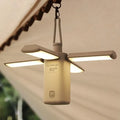 Green and white outdoor LED campsite lamp with USB charging cable and manual
