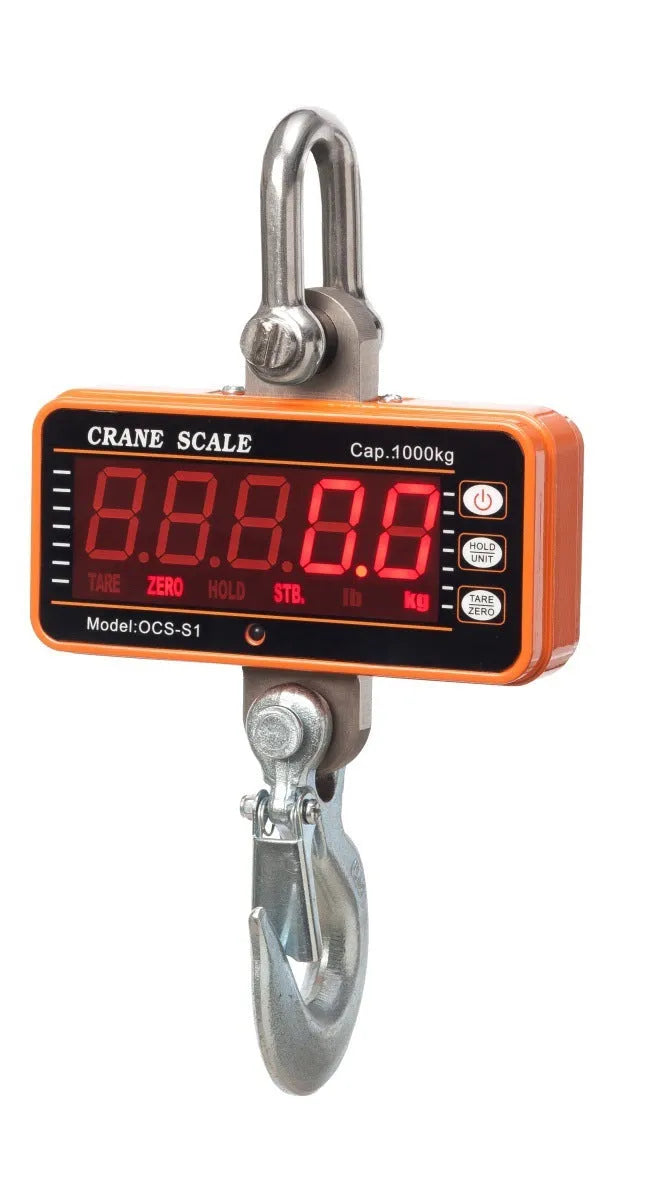 Orange electronic crane scale with digital display, shown suspended from a hook.