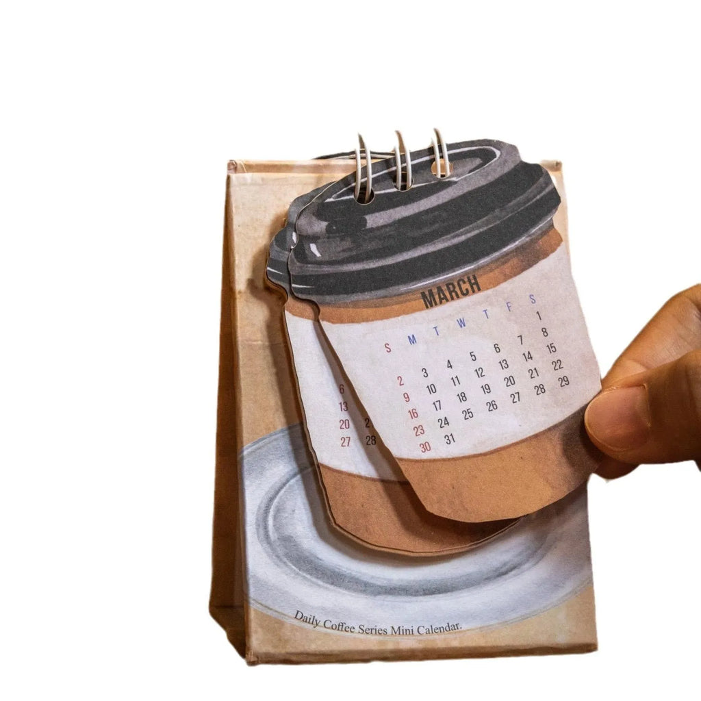 Mini desk calendar 2025 with four themed paper designs including coffee time model