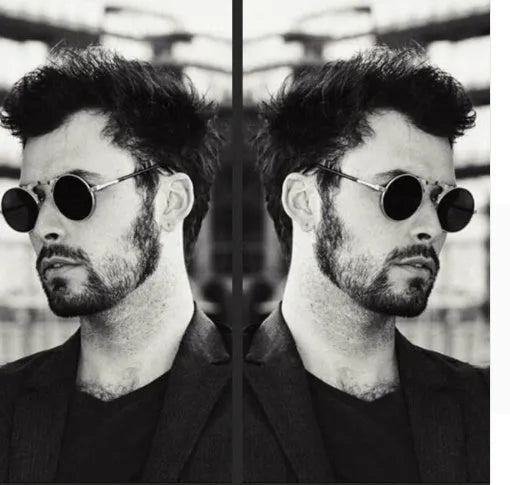 Vintage round steampunk flip-up sunglasses with metal frame, available in multiple colours