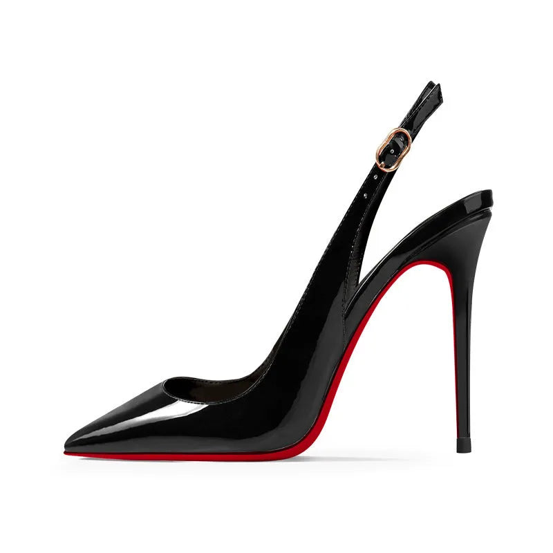 Black and red background women's high heel sandals with pointed toe, stiletto heel, and ankle-strap buckle.