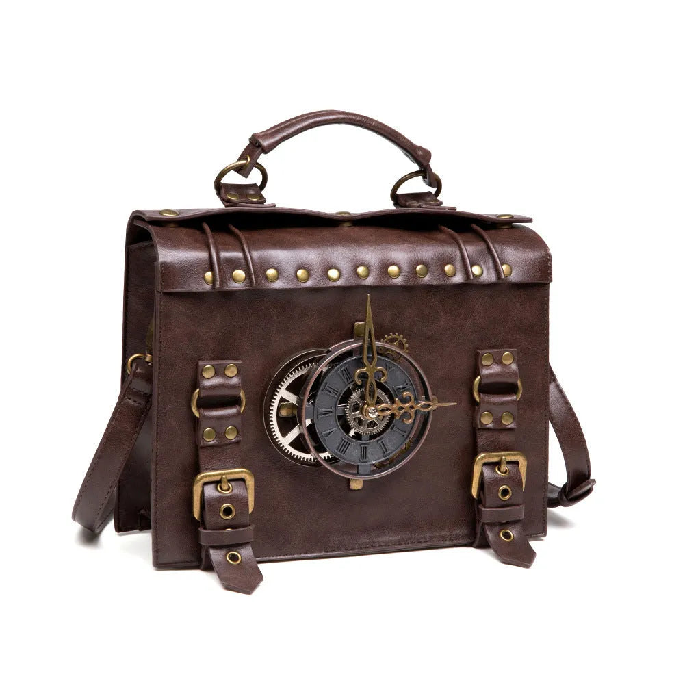 Bronze steampunk industrial retro style shoulder bag with pillow shape and metal hardware