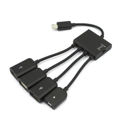 Black Micro USB OTG hub adapter with one-to-four ports and 0.25-metre cable