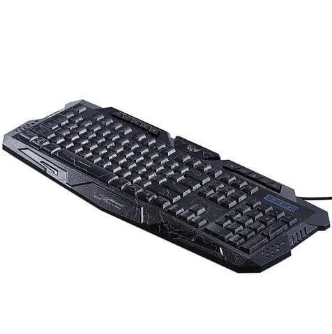 Black 3-colour LED backlit gaming keyboard with ergonomic S-shaped design and adjustable stand on desk