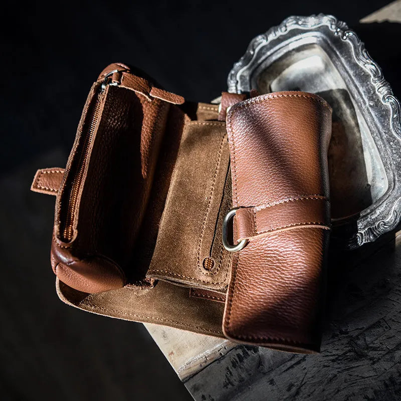 Handmade cow leather vintage wallet showing tape extraction closure and solid colour design