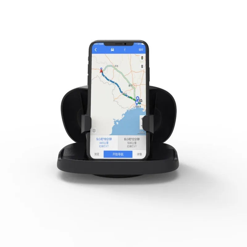 Black rotating suction cup car phone bracket mounted on windscreen with smartphone in cradle