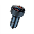 Black aluminium car charger with digital display showing three charging ports