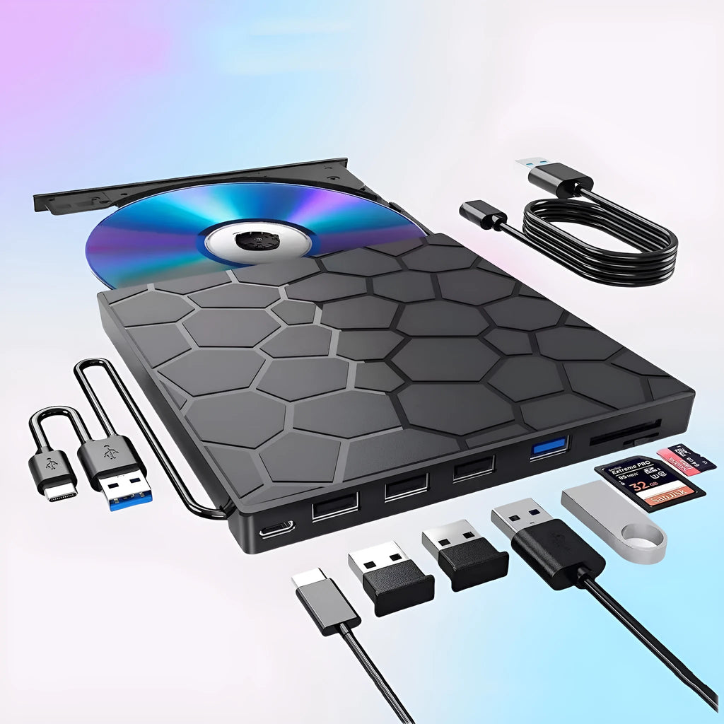 Black USB external CD drive and writer with compact 15.5cm housing