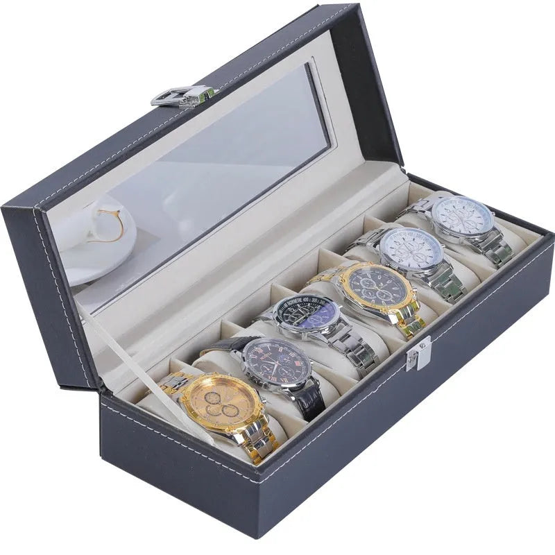 Grey high-grade leather watch storage box with see-through lid showing multiple watch slots.