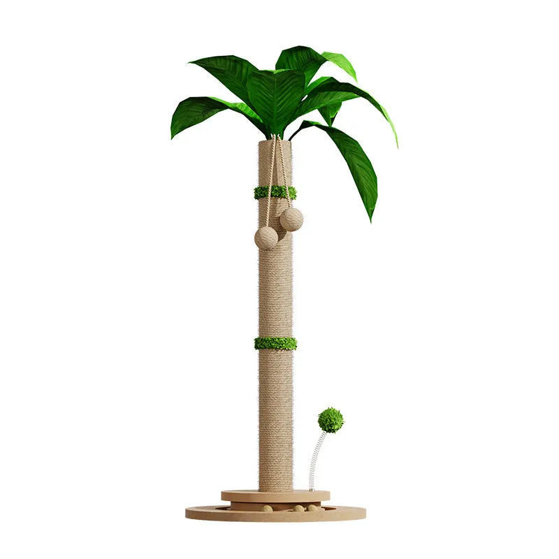 Vertical cat climbing frame with beige hemp rope scratching posts and a wooden platform in a room corner