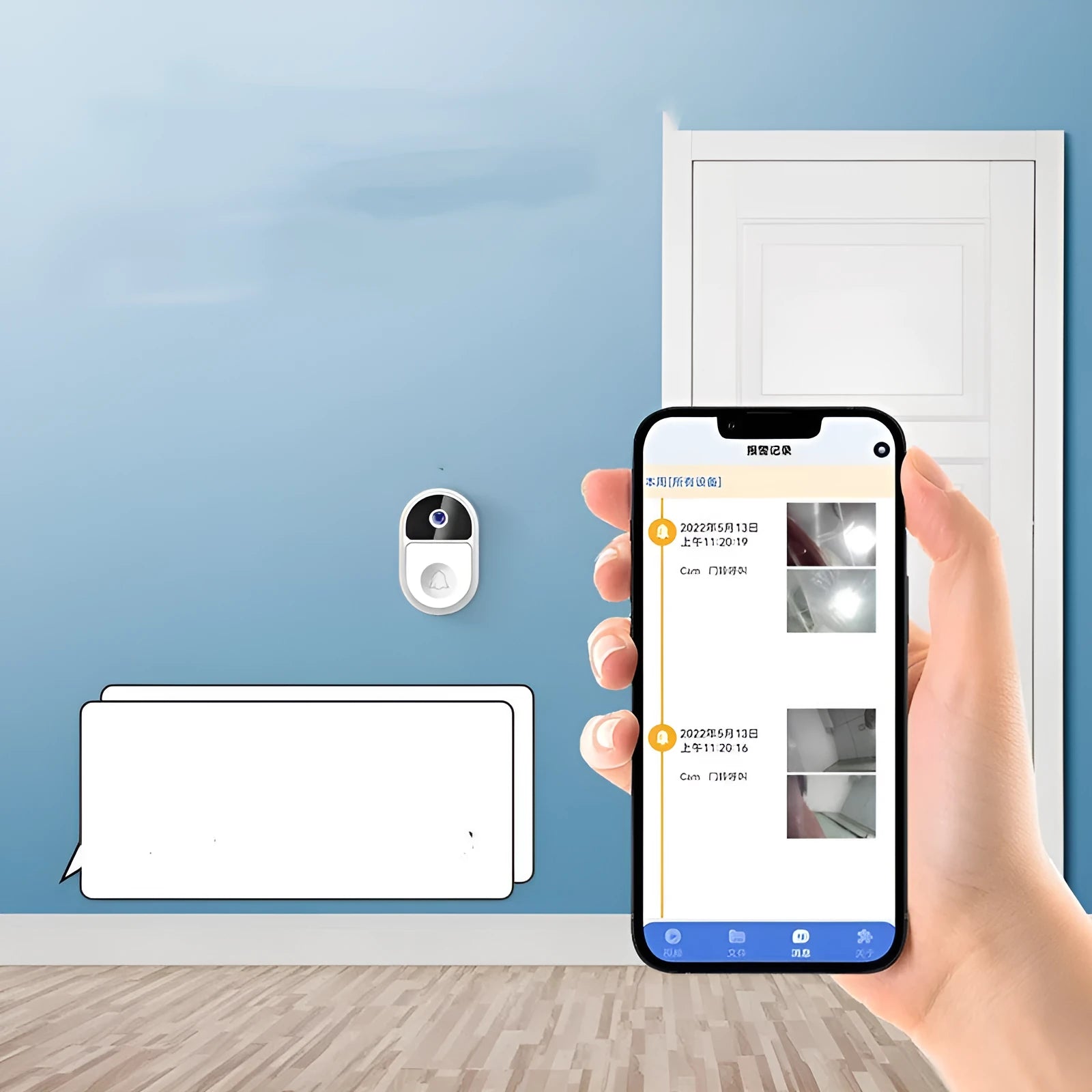 Doodle Smart Visual Doorbell V8 in black and white, showing front view with camera and button.