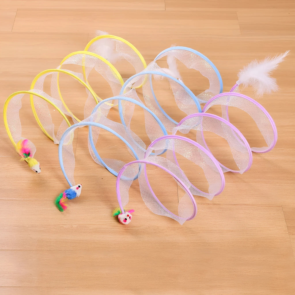 Grey steel frame cat tunnel with elastic netting and attached feather toy for indoor play