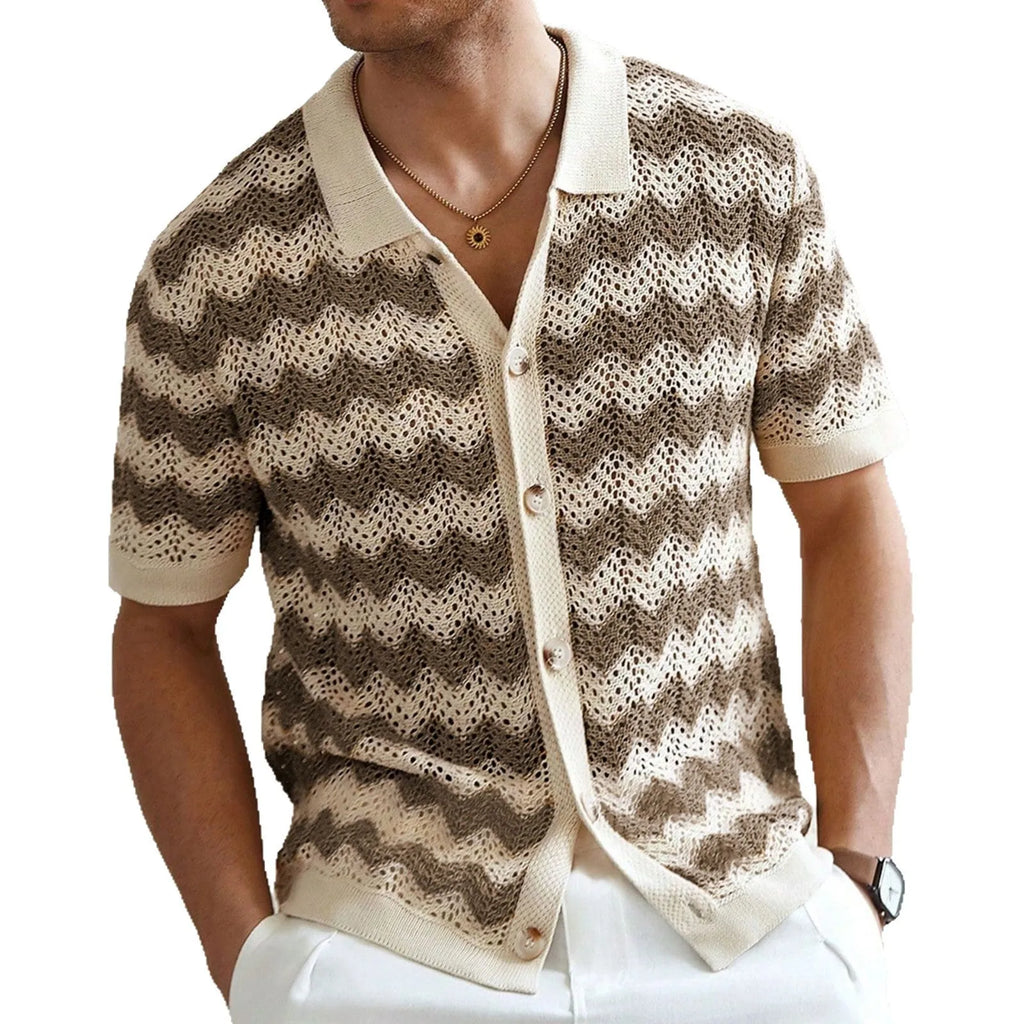 Man wearing a blue short-sleeve corrugated knit sweater with a hollow jacquard pattern, showcasing texture.