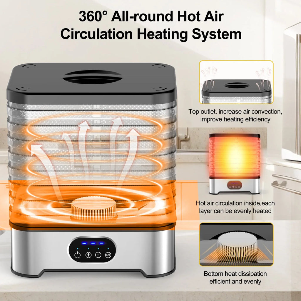 Silver and red food dehydrator with eight stainless steel drying trays, shown with storage dimensions.