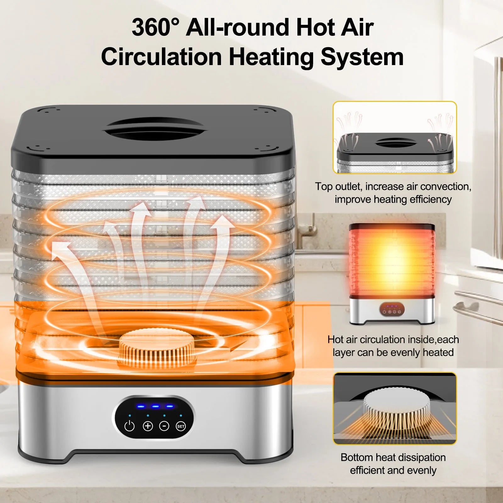 Silver and red food dehydrator with eight stainless steel drying trays, shown with storage dimensions.