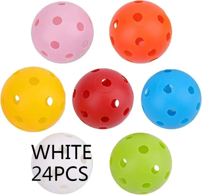 Multi-colour golf practice balls in red, orange, blue, green, white, and yellow shown in a net bag.