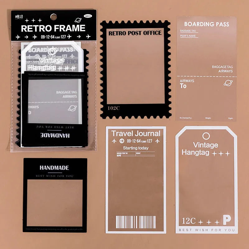 Pack of 15 retro frame decorative sticker sheets on transparent PET backing paper.