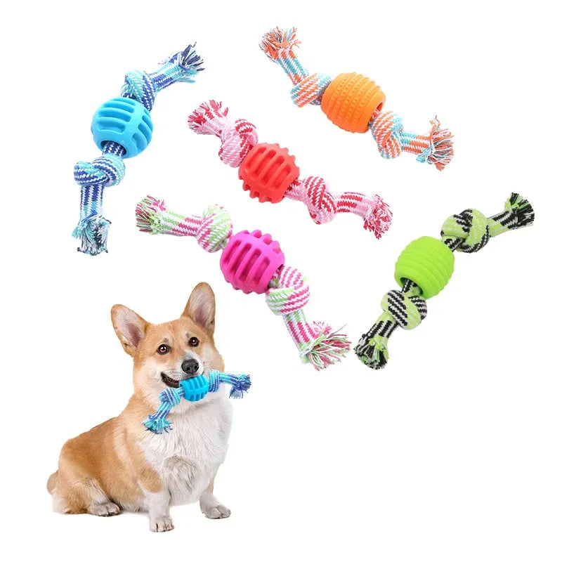 Cotton rope double knot ball dog toy in blue green orange pink red for chewing and tooth cleaning