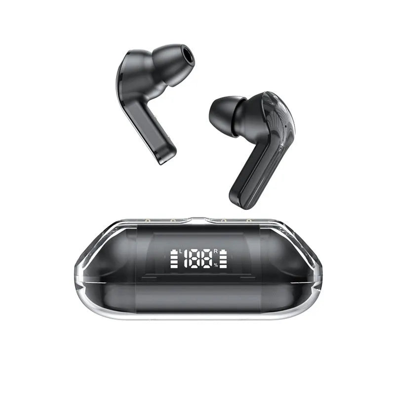 Wireless Bluetooth earbuds in a transparent charging case with digital display, shown in pink colour.