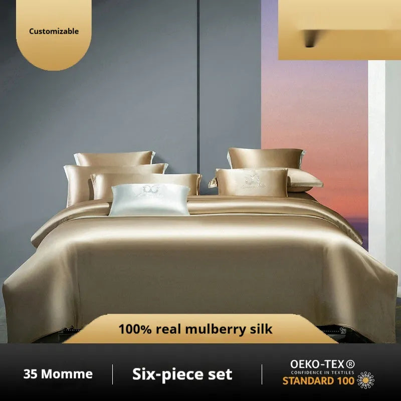 Household Fashion silk duvet cover and pillowcases in Morandi Pink colour on a bed
