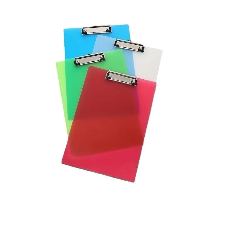 Transparent A4 writing board pad with metal clip holding paper, shown in blue colour option