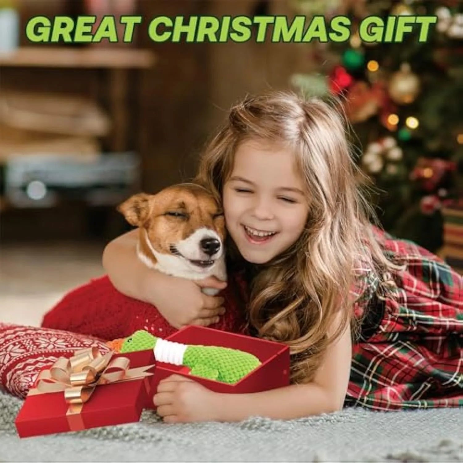 Blue, green, or grey duck-shaped plush dog toy with two squeakers.