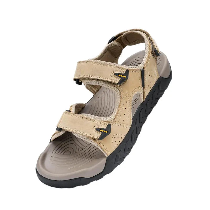 Men's breathable beach sandals with Velcro fastening, first layer cowhide upper, available in dark brown, dark gray, and khaki