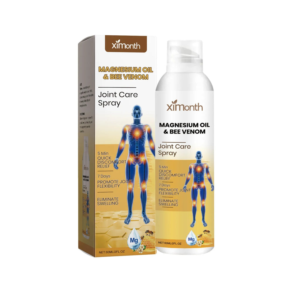 60ml bottle of Joint Care Spray with a spray pump, labelled with key ingredients menthol, coconut oil, and bee venom.