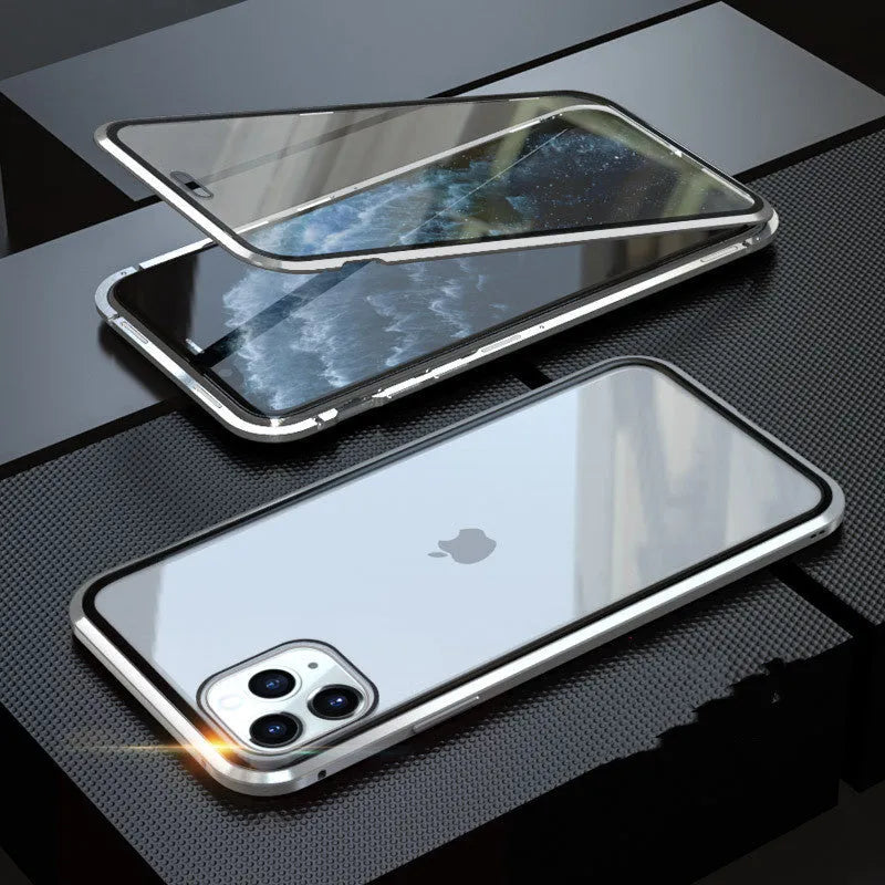 Geometric-patterned clamshell phone case in navy blue, open to show iPhone 13 Pro Max inside.