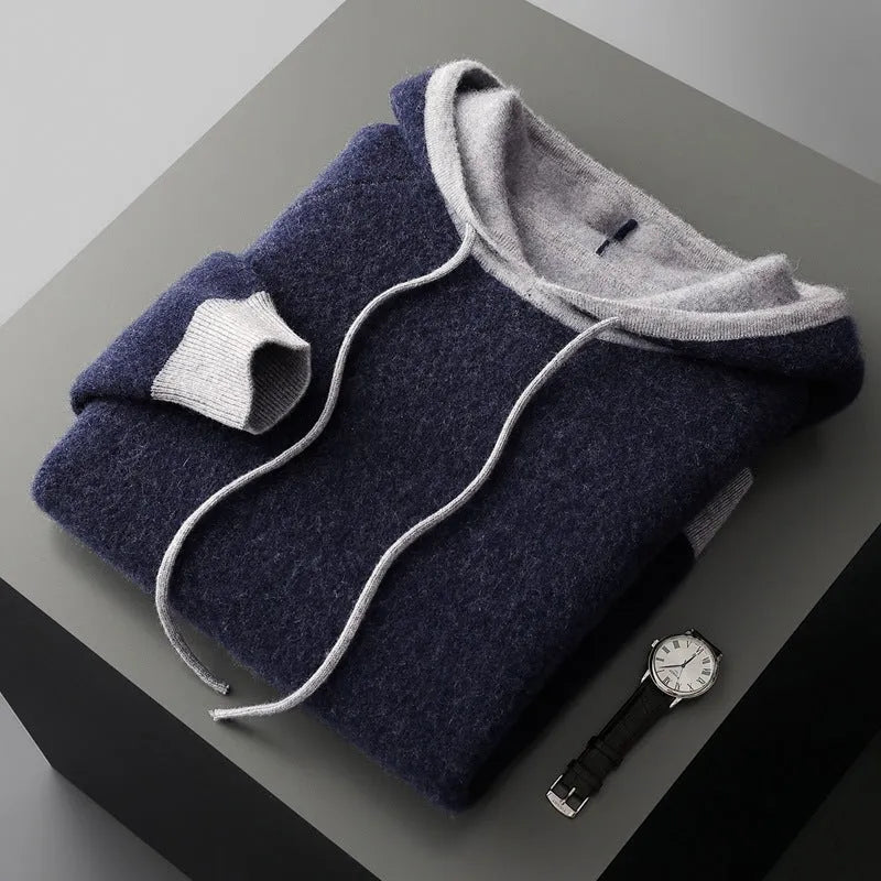 Knitted hooded pullover sweater coat in loose Korean style, available in purple velvet and elephant gray, winter casual wear for women.