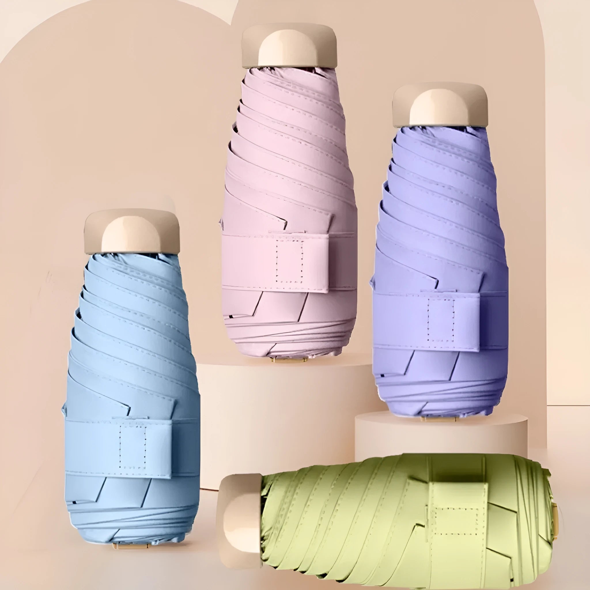 Five-fold manual umbrella with vinyl-laminated fabric in beige, black, blue, green, navy, pink, yellow or purple