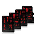 Close-up of a 64GB Class 10 micro SD memory card with a write protection switch, shown next to an SD adapter on a neutral background.