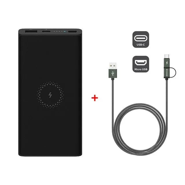 Black and white 10000mAh power bank with fast charging and wireless output features.