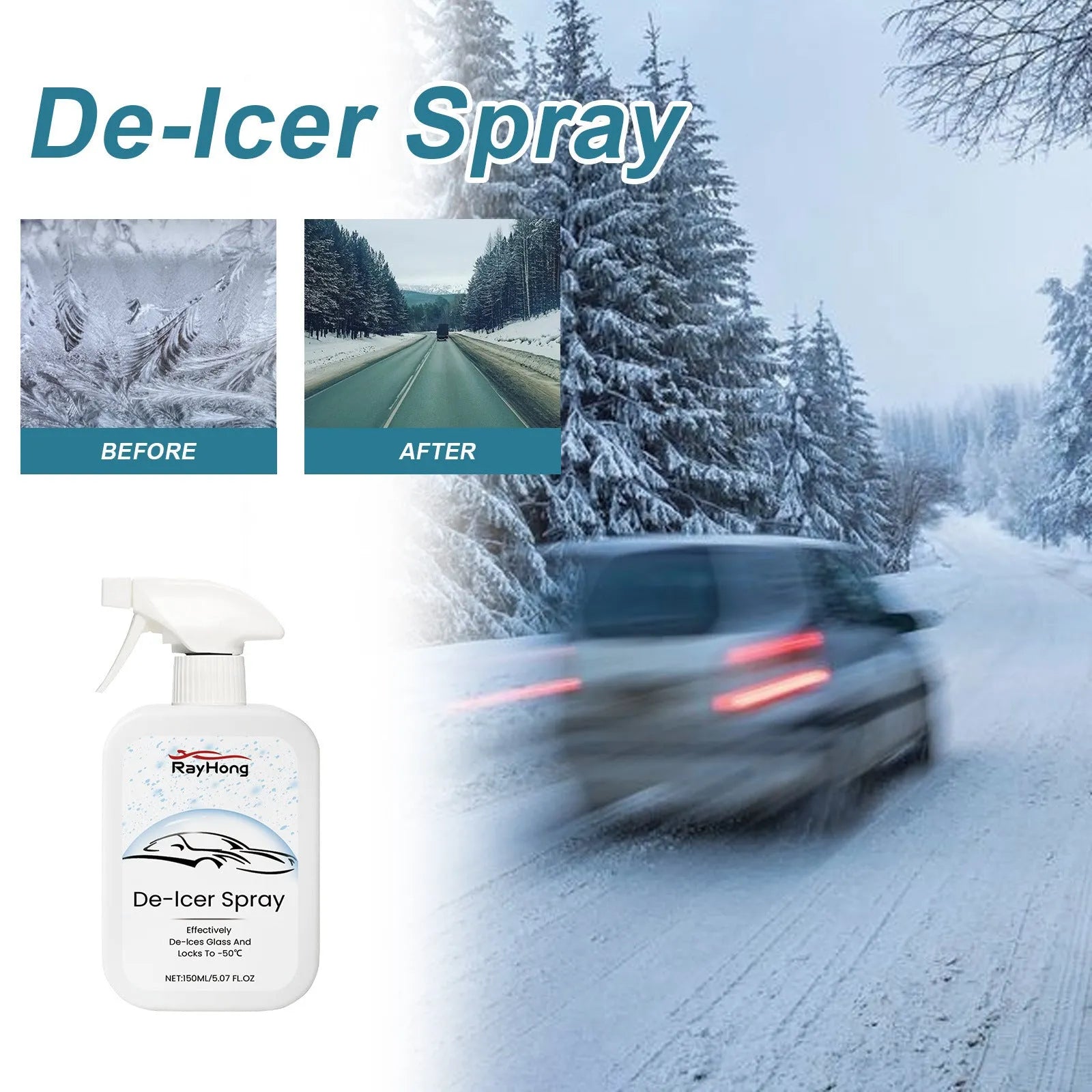 150ml bottle of car windscreen anti-icing and snow removal spray