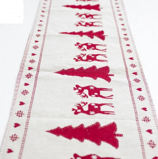 Christmas table runner with elk and snowman designs in cotton linen fabric