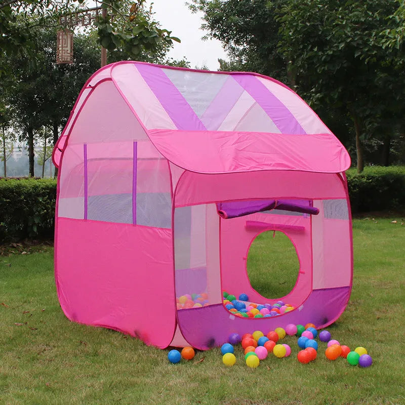 Large blue outdoor children's play tent with roll-up mosquito net curtain in a garden.