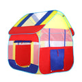 Large blue outdoor children's play tent with roll-up mosquito net curtain in a garden.