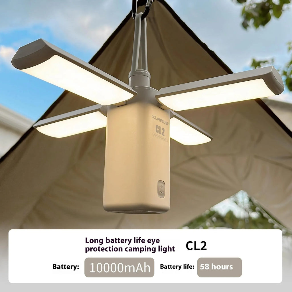 Green and white outdoor LED campsite lamp with USB charging cable and manual
