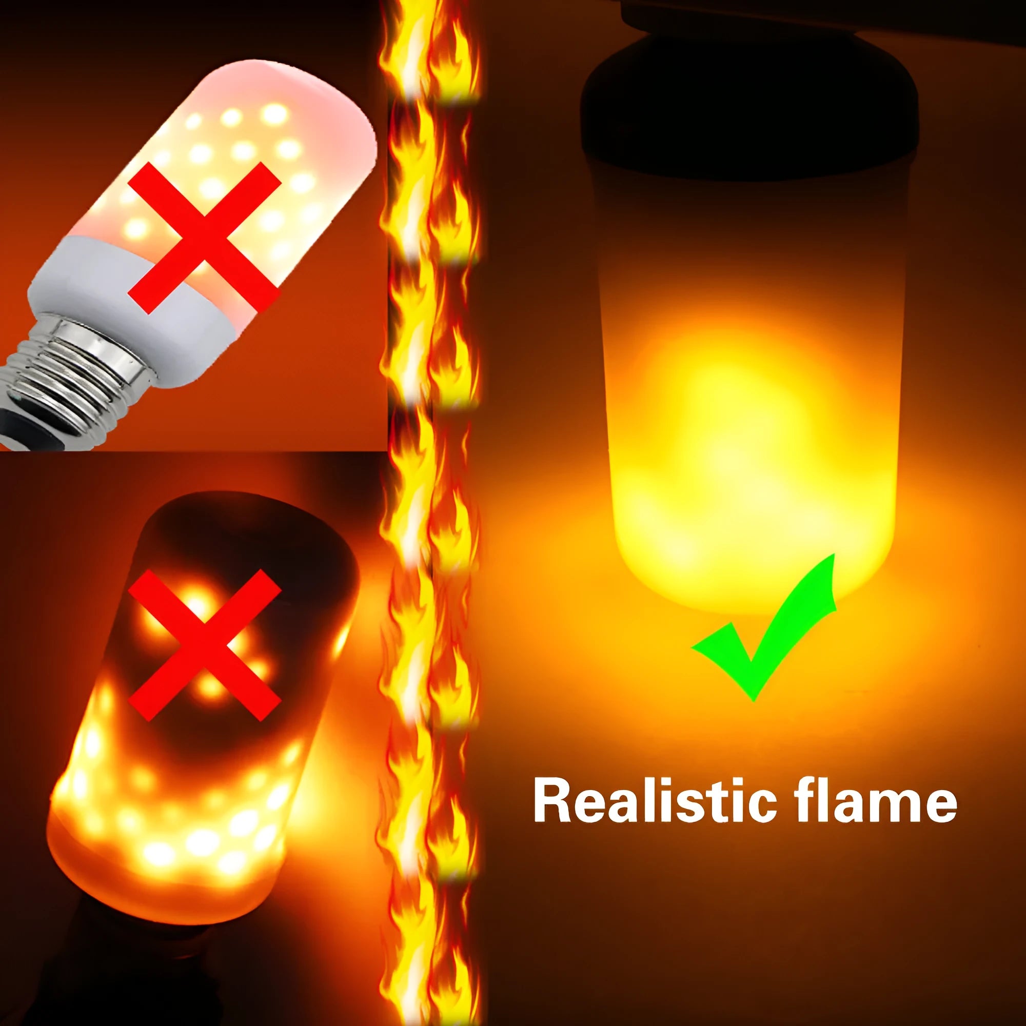 A decorative LED bulb emitting a warm white, flickering flame-like light.