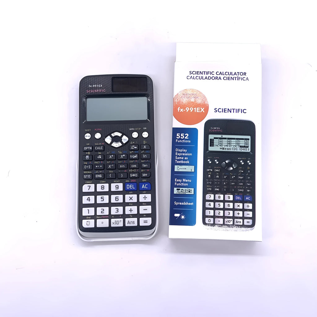 Casio fx-991EX scientific calculator in black, showing high-resolution display with complex formula.