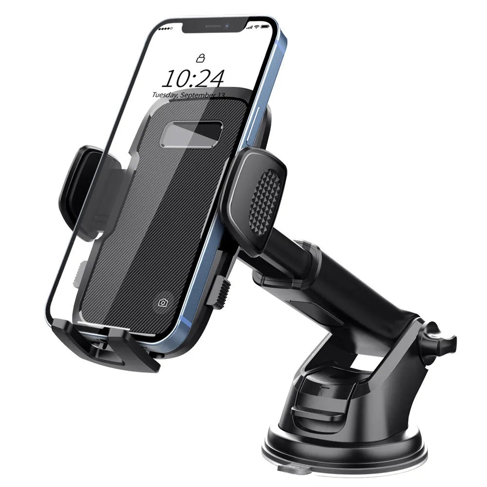 Black plastic universal car mobile phone bracket with suction mount on windscreen
