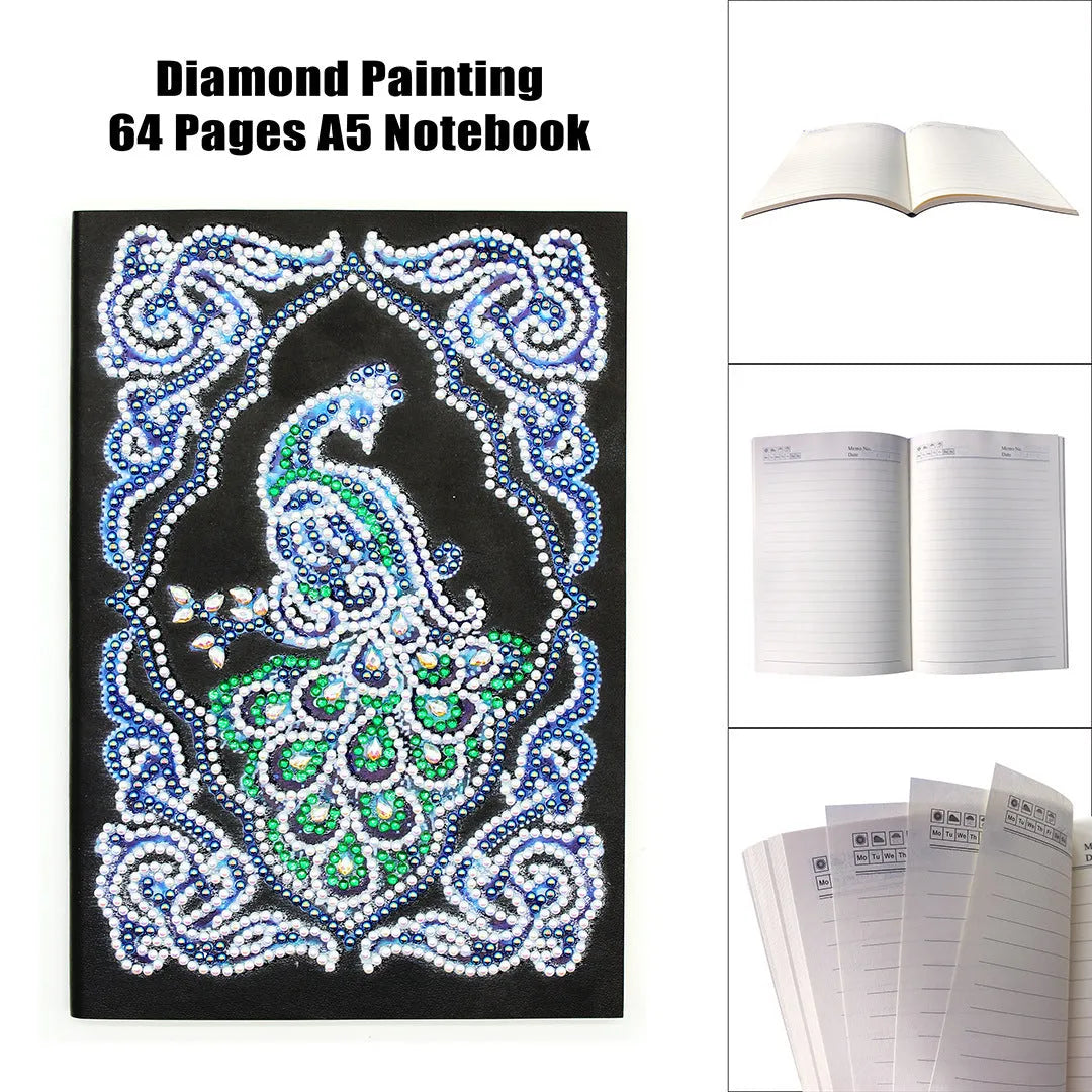 Black A5 diamond painting notebook open, showing journal pages alongside shaped and bright sparkling drills.