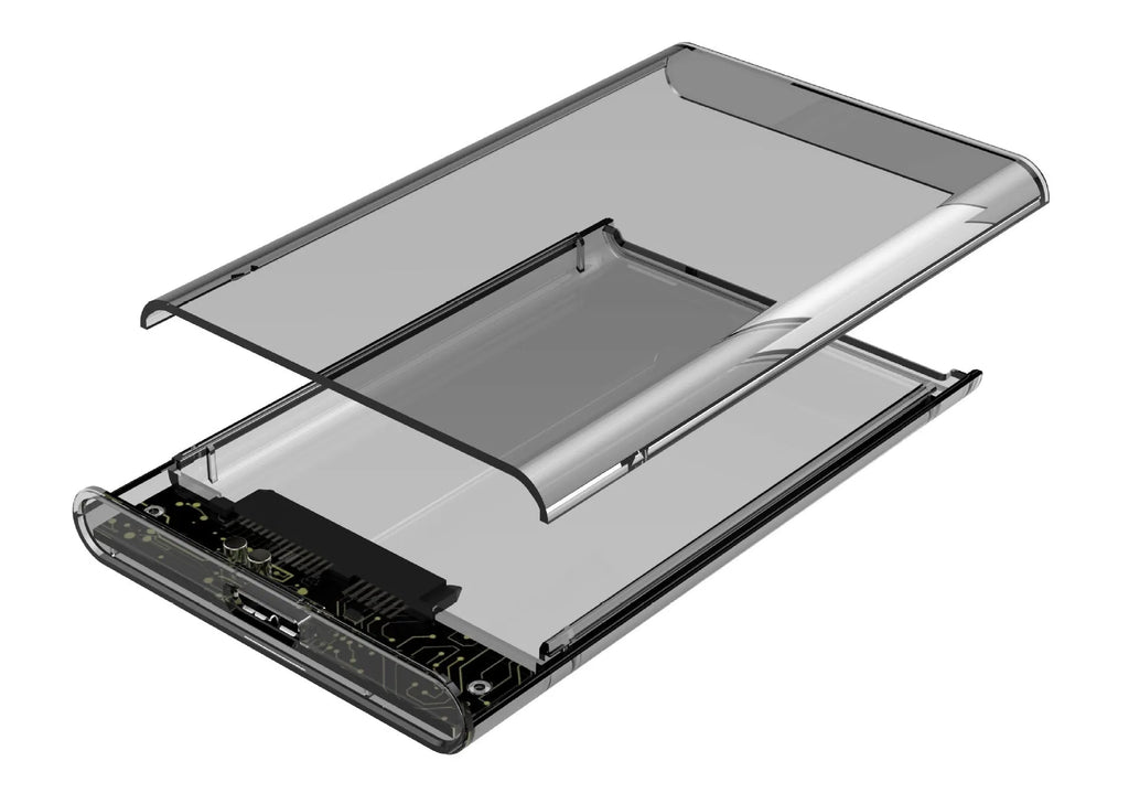 Transparent external hard drive enclosure for 2.5-inch SATA HDD or SSD with USB 3.1 interface