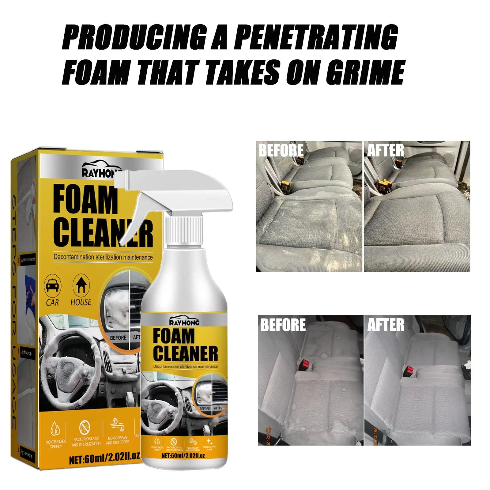 Car interior foamed cleaner bottle and sponge applicator for wash-free upholstery cleaning