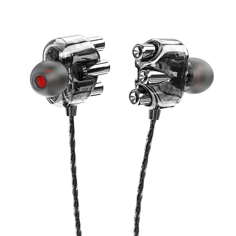 Transparent in-ear headphones with silicone earplugs and TPE cable, showing internal moving coil driver