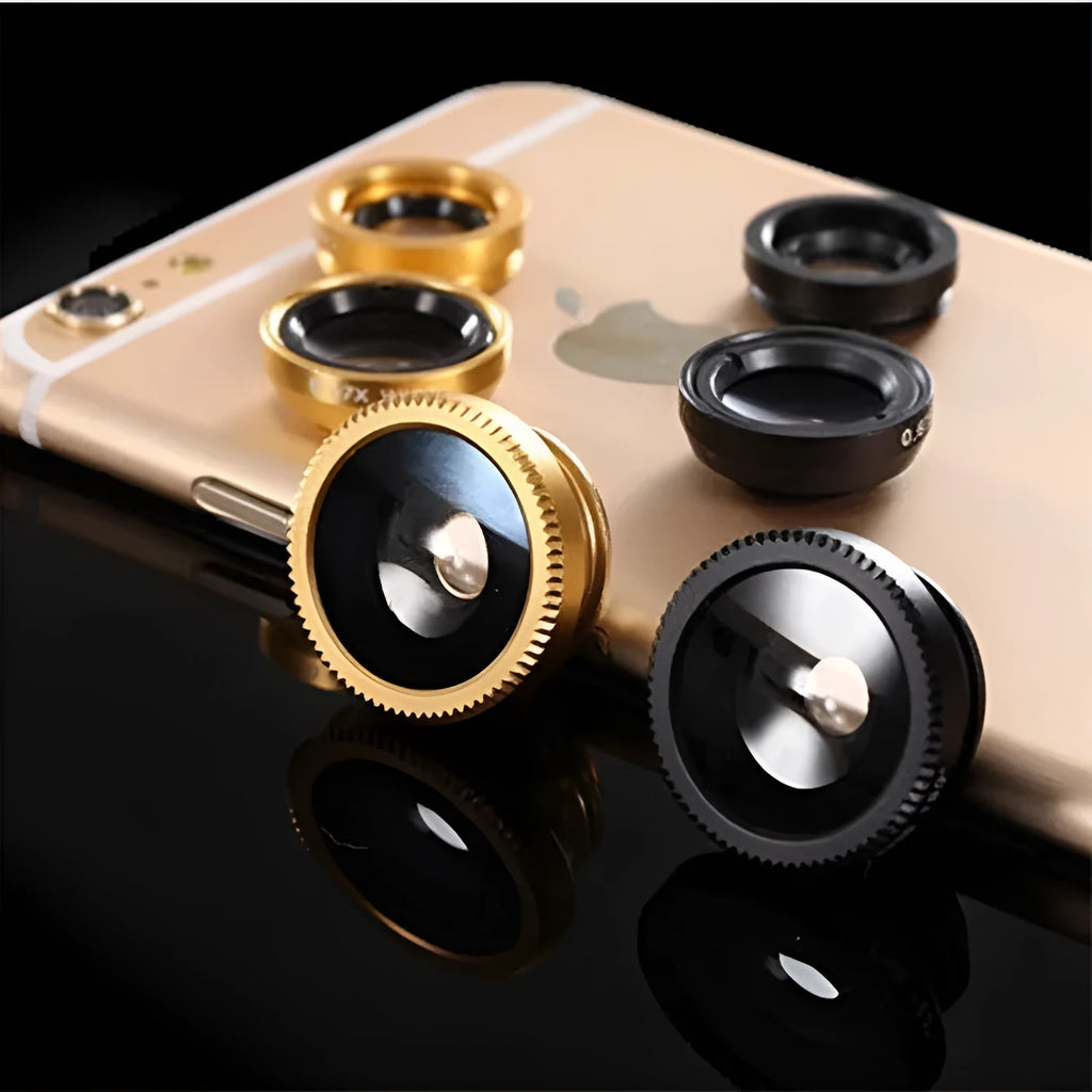 Three-in-one fisheye wide-angle macro clip-on lens kit for mobile phones in various colours.