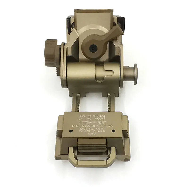 Black tactical helmet dumper bracket accessory mounted on a helmet.