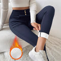 Navy blue women's high waist straight leg casual trousers on a hanger.